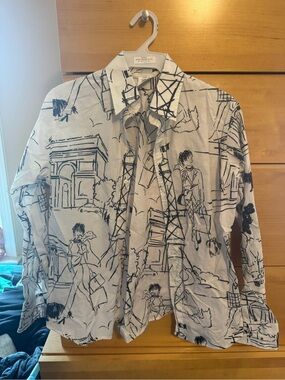 Woven White & Black Illustration Button-Down Shirt